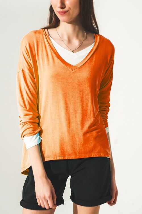 Long sleeve v neck top in modal in Orange