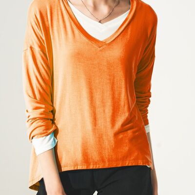 Long sleeve v neck top in modal in Orange