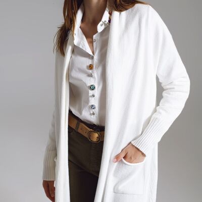 Long white cardigan with folded pockets