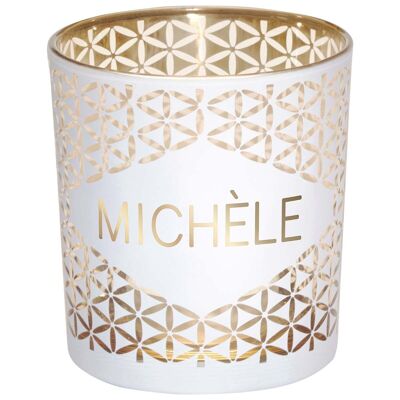 Tea light holder first name Michèle in white and gold glass