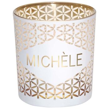 Photophore prénom Michèle en verre blanc et or 1