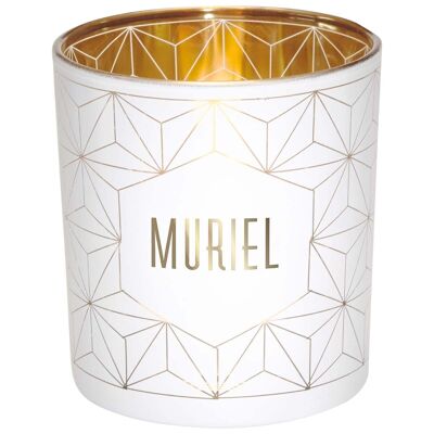 Photophore prénom Muriel en verre blanc et or