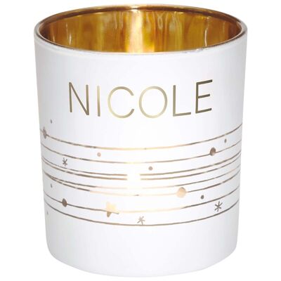 Photophore prénom Nicole en verre blanc et or