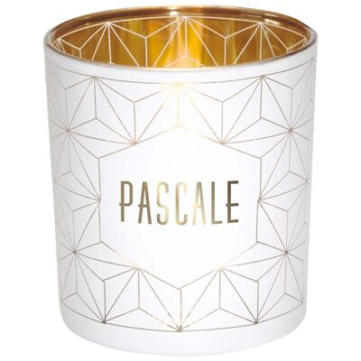 Teelichthalter Vorname Pascale aus weißem und goldenem Glas