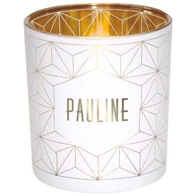 Pauline first name tealight holder in white and gold glass