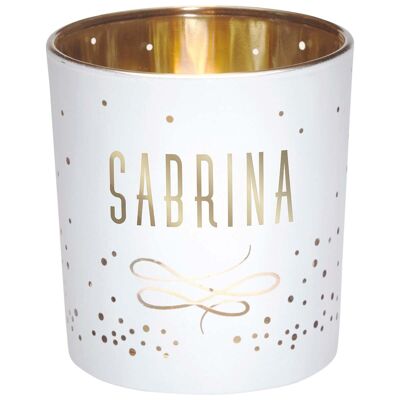 Portavelas con el nombre de Sabrina en cristal blanco y dorado