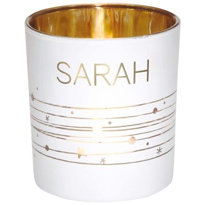 Teelichthalter mit Vornamen Sarah aus weißem und goldenem Glas