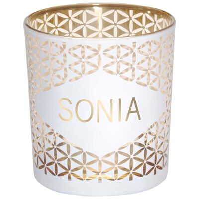 Sonia first name tealight holder in white and gold glass