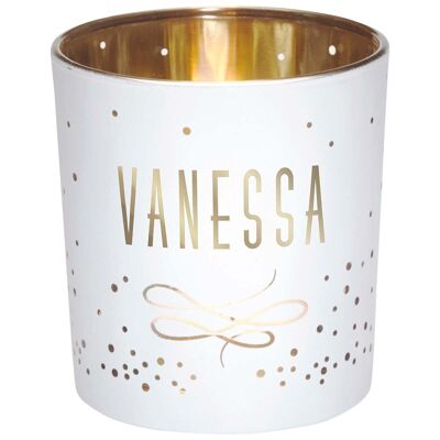 Vanessa first name tealight holder in white and gold glass