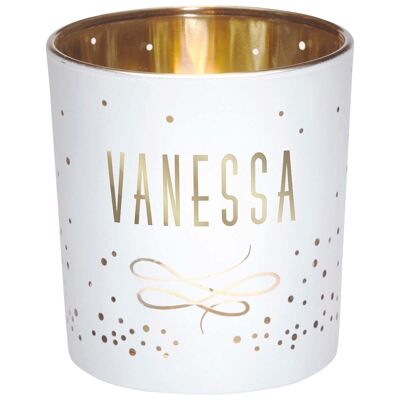 Photophore prénom Vanessa en verre blanc et or