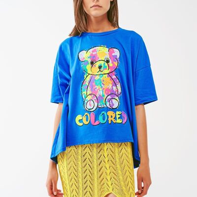 loose-fitting blue T-shirt with colored bear
