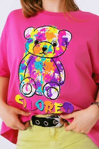 tee-shirt ample fushia avec ours coloré 2