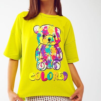 Locker sitzendes Limetten-T-Shirt mit farbigem Bären
