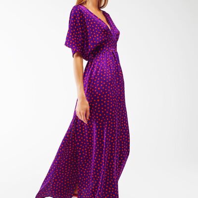 Maxi Cinched At The Waist Dress With Angel Sleeves In Purple Polka Dot