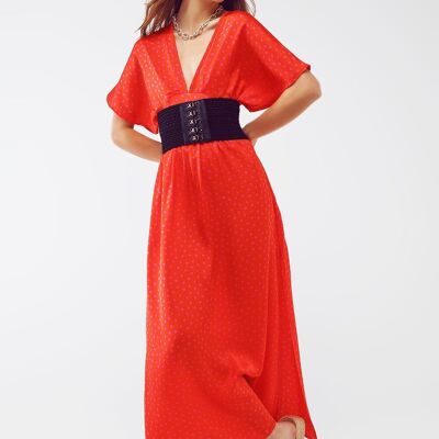 Maxi Cinched At The Waist Dress With Angel Sleeves In Red Polka Dot