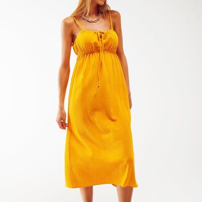 maxi yellow summer dress with straps and gathered waist