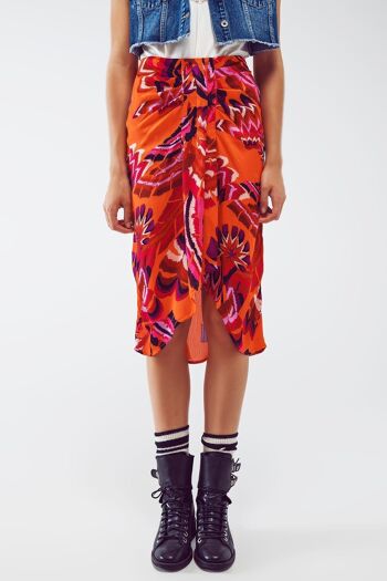 Jupe mi-longue drapée à imprimé floral abstrait orange 3