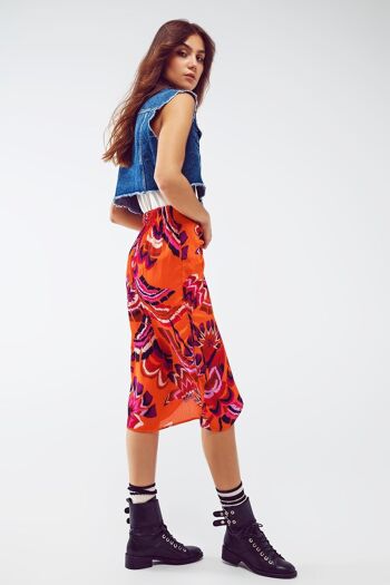 Jupe mi-longue drapée à imprimé floral abstrait orange 6