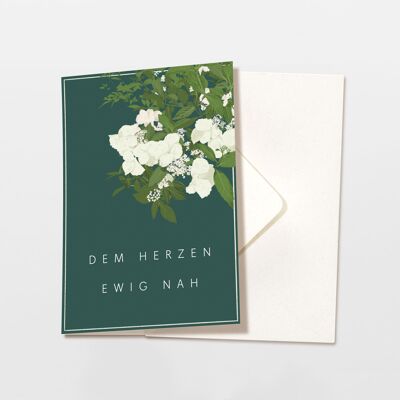 Tarjeta plegable con sobre, tarjeta de luto, flores blancas 'para siempre cerca del corazón', tarjeta de condolencia, tarjeta de condolencia, certificado FSC