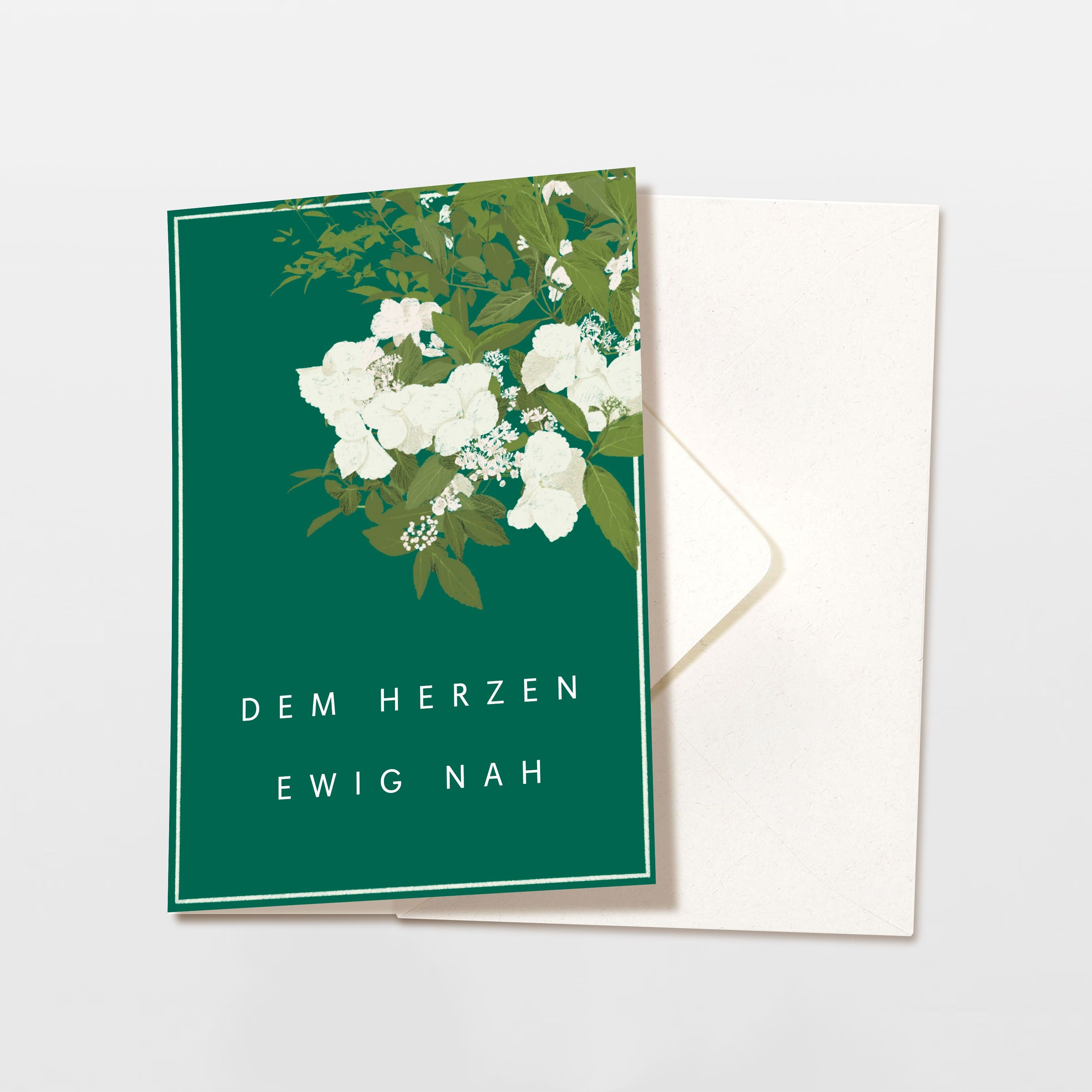 Folding card with envelope, mourning card, white flowers 'forever close to the heart', condolence card, condolence card, FSC certified