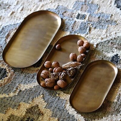 Set of 3 antique brass oval metal trays