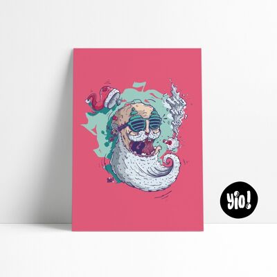 Poster di Natale, poster di Babbo Natale, divertente illustrazione stampata di Babbo Natale, decorazione murale colorata