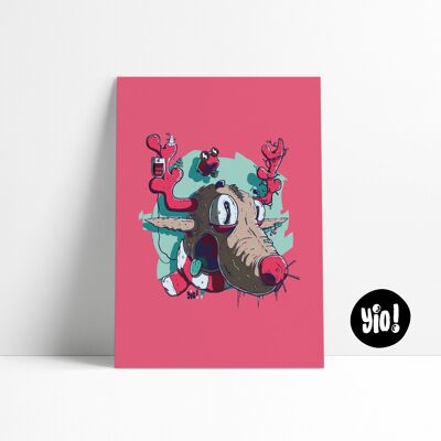 Christmas poster, Reindeer poster, Fun printed winter illustration, Colorful wall decoration