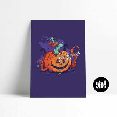Halloween poster, Pumpkin poster, Fun printed ghost illustration, Colorful wall decoration