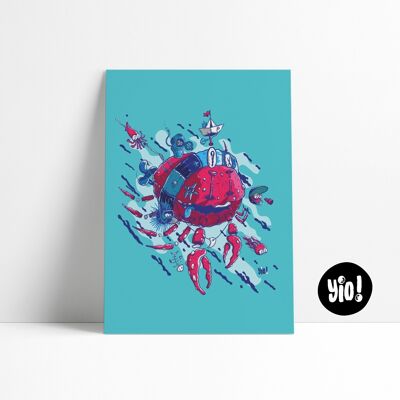 Crab poster, Sea poster, Fun printed animal illustration, Colorful wall decoration