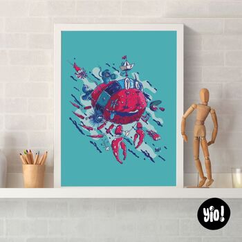 Affiche Crabe, Poster Mer, Illustration animaux fun imprimée, Décoration murale colorée 2