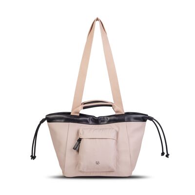 Exs-25639 Tina Mittelgroße Tasche aus recyceltem Nylon mit PU-Besatz, beige/schwarz