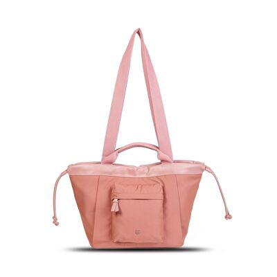 Exs-25640 Tina mittelgroße Tragetasche Nylon-Einkaufstasche mit recyceltem PU-Besatz in Rosa