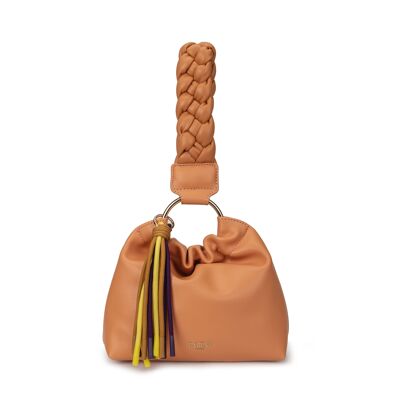 Exs-25570 Alice Sac porté main pompon Pu recyclé camel