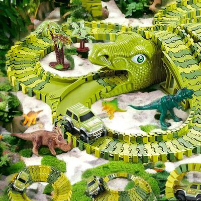 DINOTRACKS Baukasten – Modulare Autostrecke mit Dinosauriern – 240 Teile – Bauen Sie Ihr eigenes prähistorisches Rennen