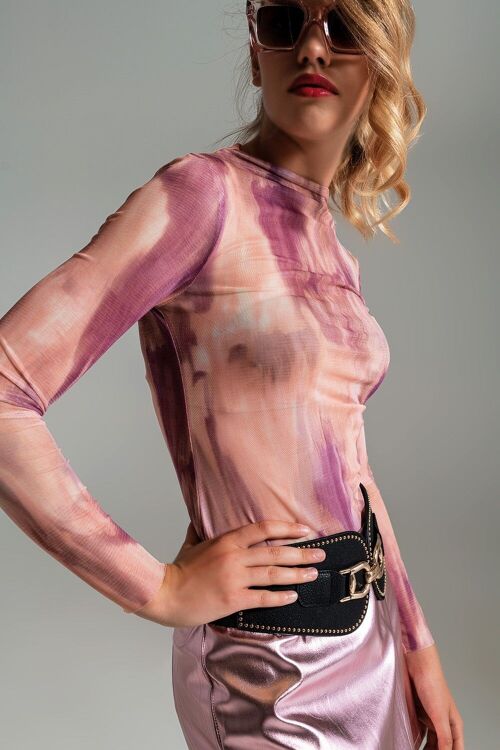 Mesh Top Rouched At The Side In Abstract Pink Print