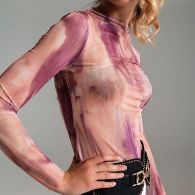 Mesh Top Rouched At The Side In Abstract Pink Print