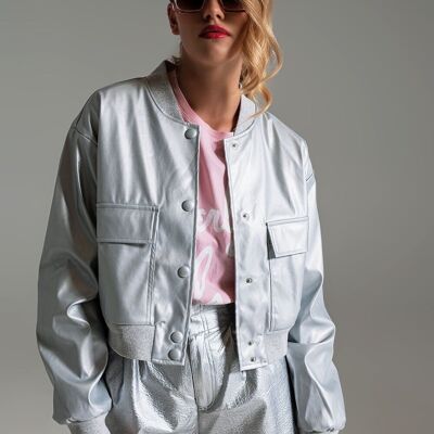 Metallic Bomber Jacket With Front Pockets in Silver