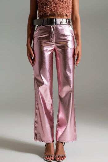Pantalon droit métallisé rose 2