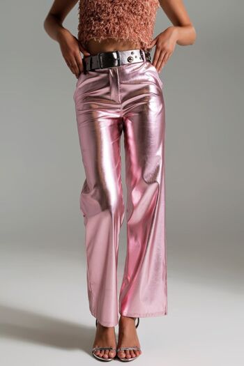 Pantalon droit métallisé rose 4