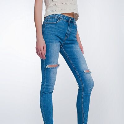 Mid denim super skinny jeans with holes in the knees
