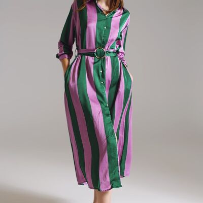 Robe chemise mi-longue ceinturée à rayures lilas et vertes