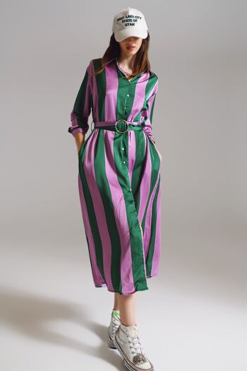 Robe chemise mi-longue ceinturée à rayures lilas et vertes 1