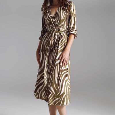 Midi Belted Wrap Dress in Olive Green and Cream Zebra Print