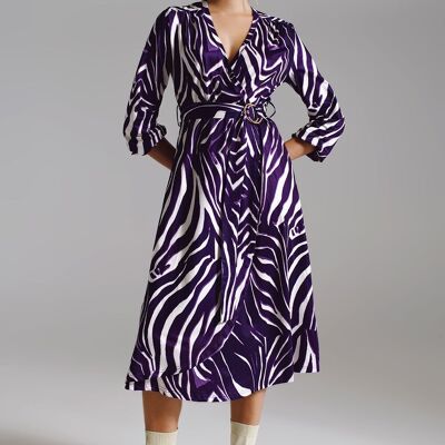 Midi Belted Wrap Dress in Purple and Cream Zebra Print