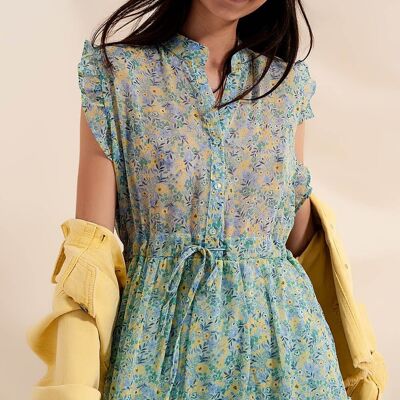 Mini dress with ruffle trims in vintage floral in green