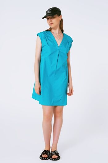 Mini robe sans manches en popeline turquoise 4
