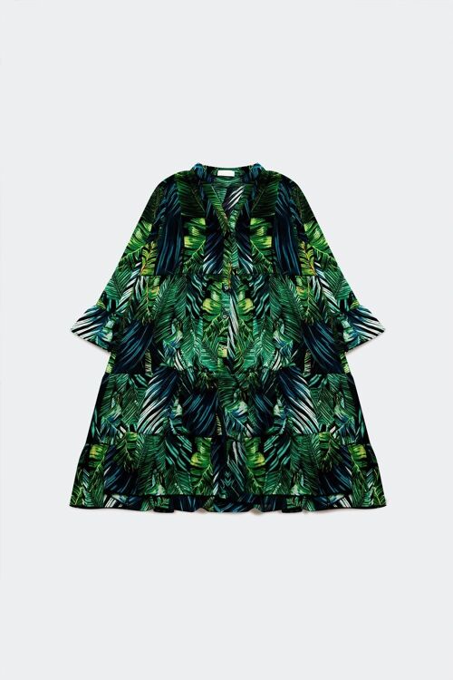 Mini smock dress in green leaf print