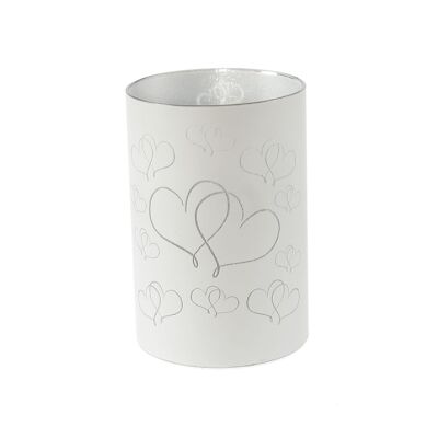 Cylindre en verre motif coeur LED, Ø 10 x 15 cm, blanc, fonction minuterie 6/18 heures., convient pour 3xAA, 801037