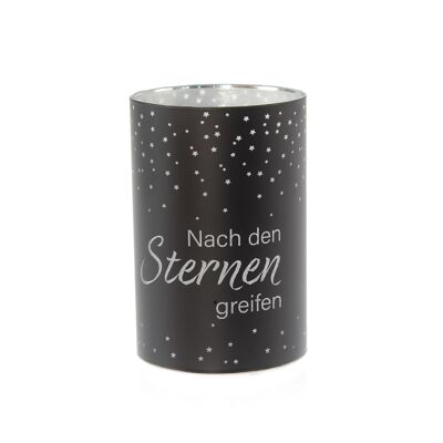 Glas-Zylinder mit Spruch LED, Ø 10 x 15 cm, schwarz, Timerfunktion 6/18 Std., geeignet für 3xAA, 801174