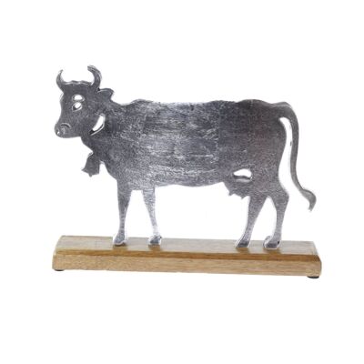 Vaca de aluminio sobre base de madera, 30 x 5 x 22 cm, plateada, 802089